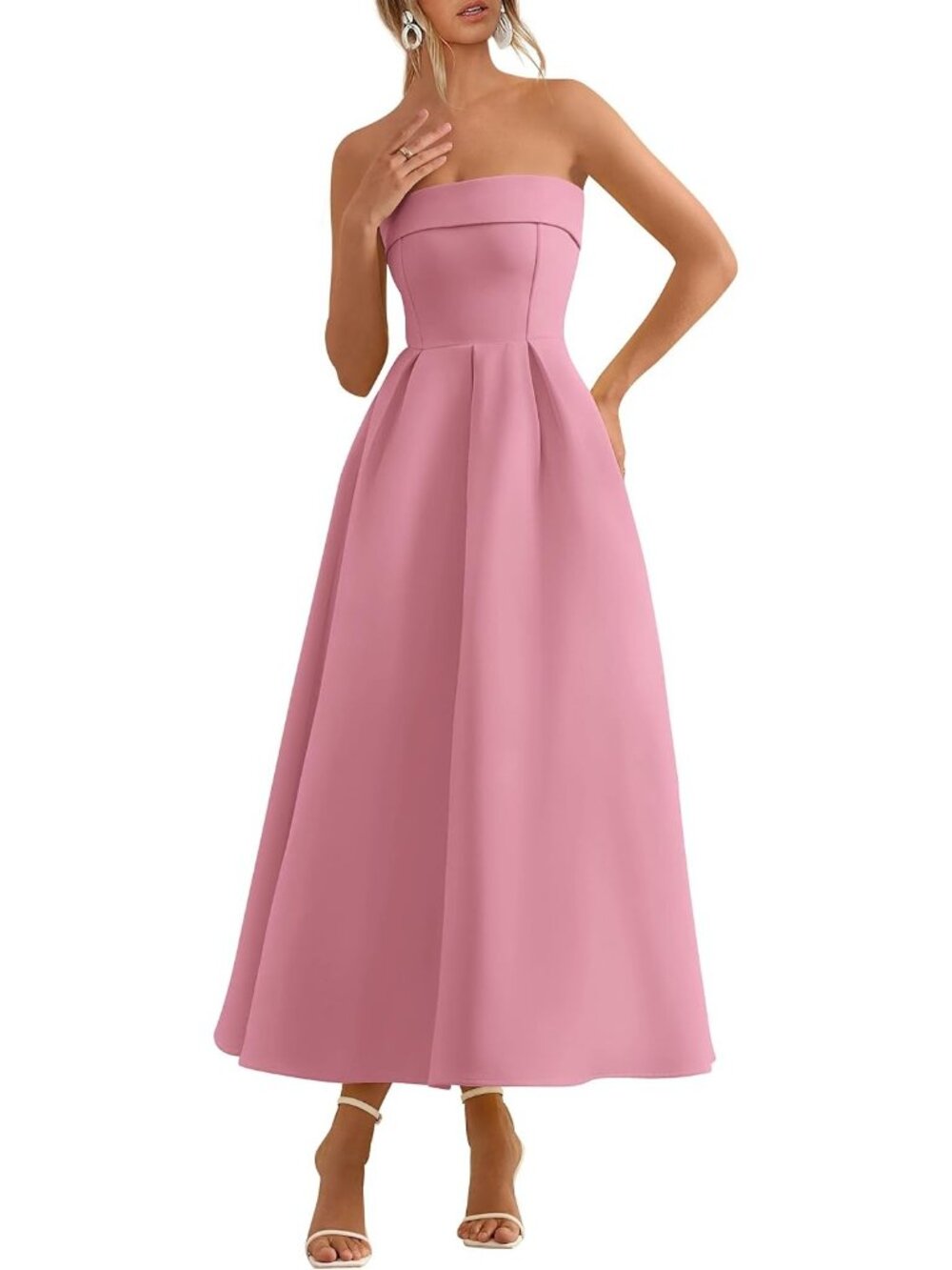 Women's Pink Summer Formal Elegant Tube Top Strapless Wedding Guest Midi Dress